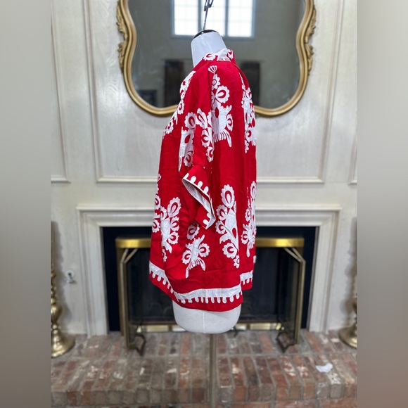 Umgee Red White Folk Print Button Front Boxy Top Cottagecore Boho Size Large - Picture 3 of 12